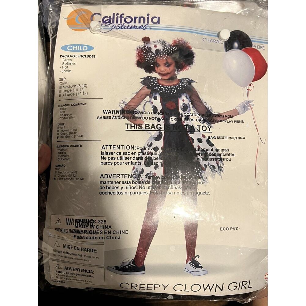 California Costumes Creepy Clown Girls Halloween Costume Size XL 12-14 With Wig